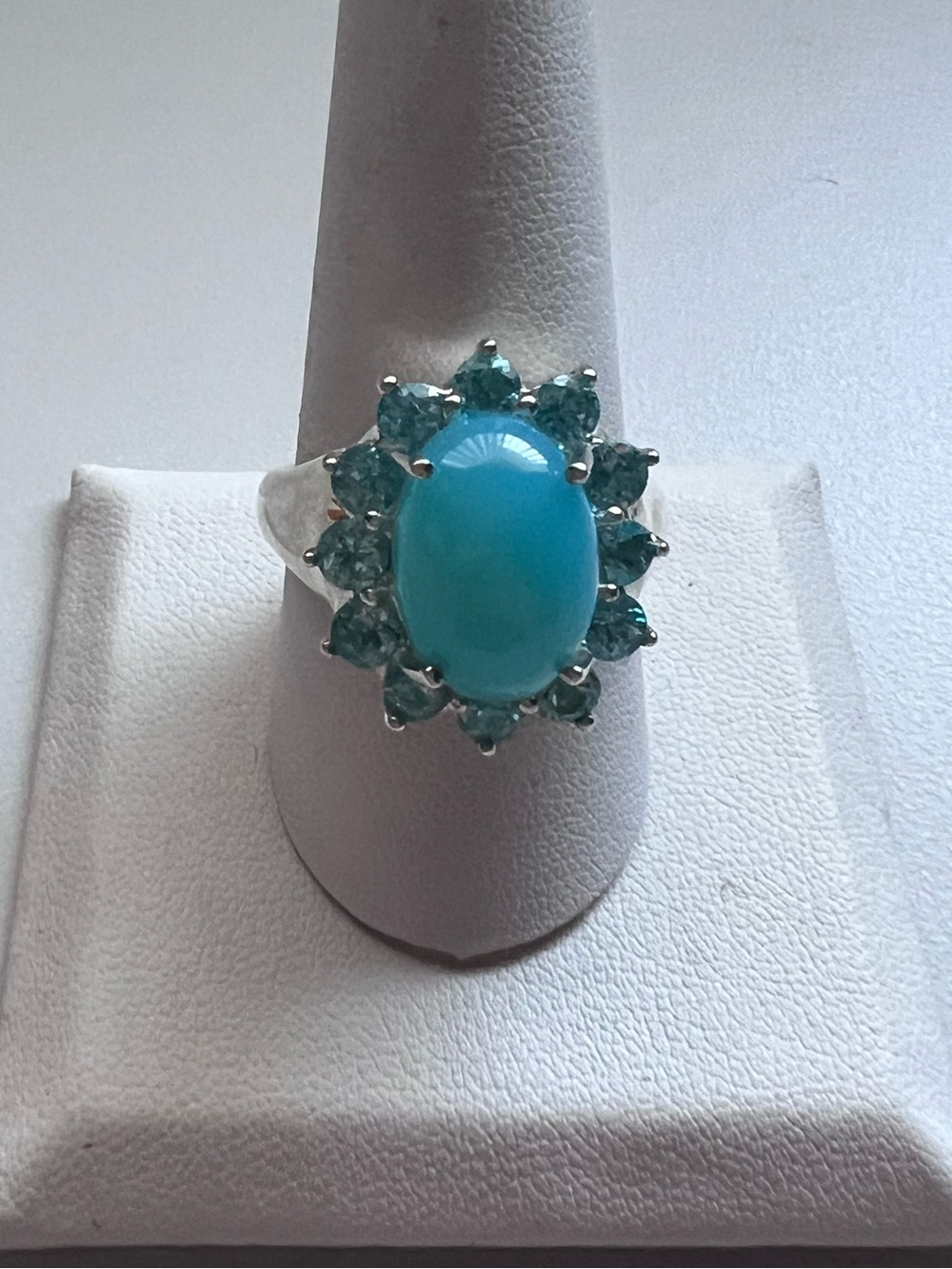 Sterling Silver Sky Blue Chalcedony Cabochon Halo Ring Size 10